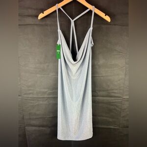 NWT HALARA Bodycon Mini Glitter Blue Low Back Spaghetti Strap Stretch Dress